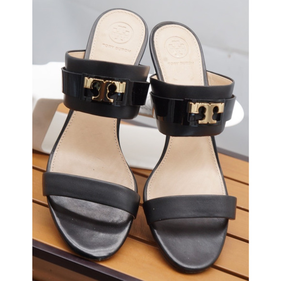 Tory Burch Women’s Black Leather Slide Wedges SZ 9 - Picture 12 of 16
